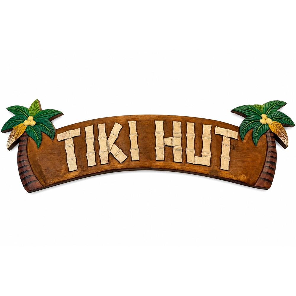 Hand Carved Wooden Tiki Hut Wall Sign Tropical Palm Tree Bamboo Relief 18"
